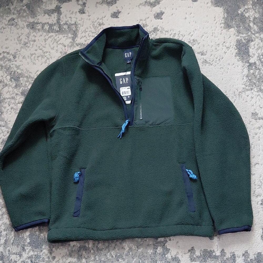 NWT GAP Green Fleece Half-Zip Pullover with Navy Trim